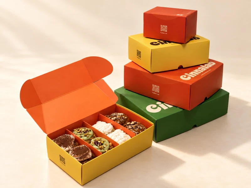 Cinnalab orange, yellow and green boxes with an open box of eight mini rolls