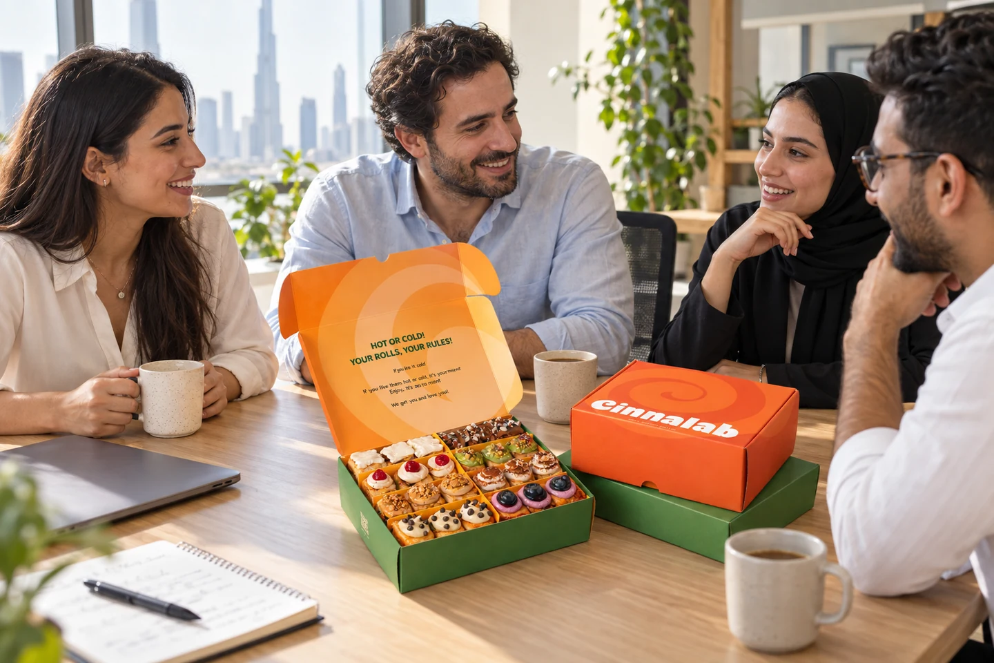 Colleagues sharing a coffee break with Cinnalab green and orange boxes and an open box of mini cinnamon rolls